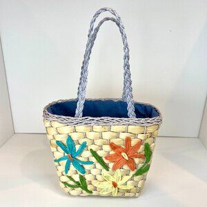 Vintage Straw Bucket Bag Embroidered Raffia Flowers Easter Purse Spring Tote Fun